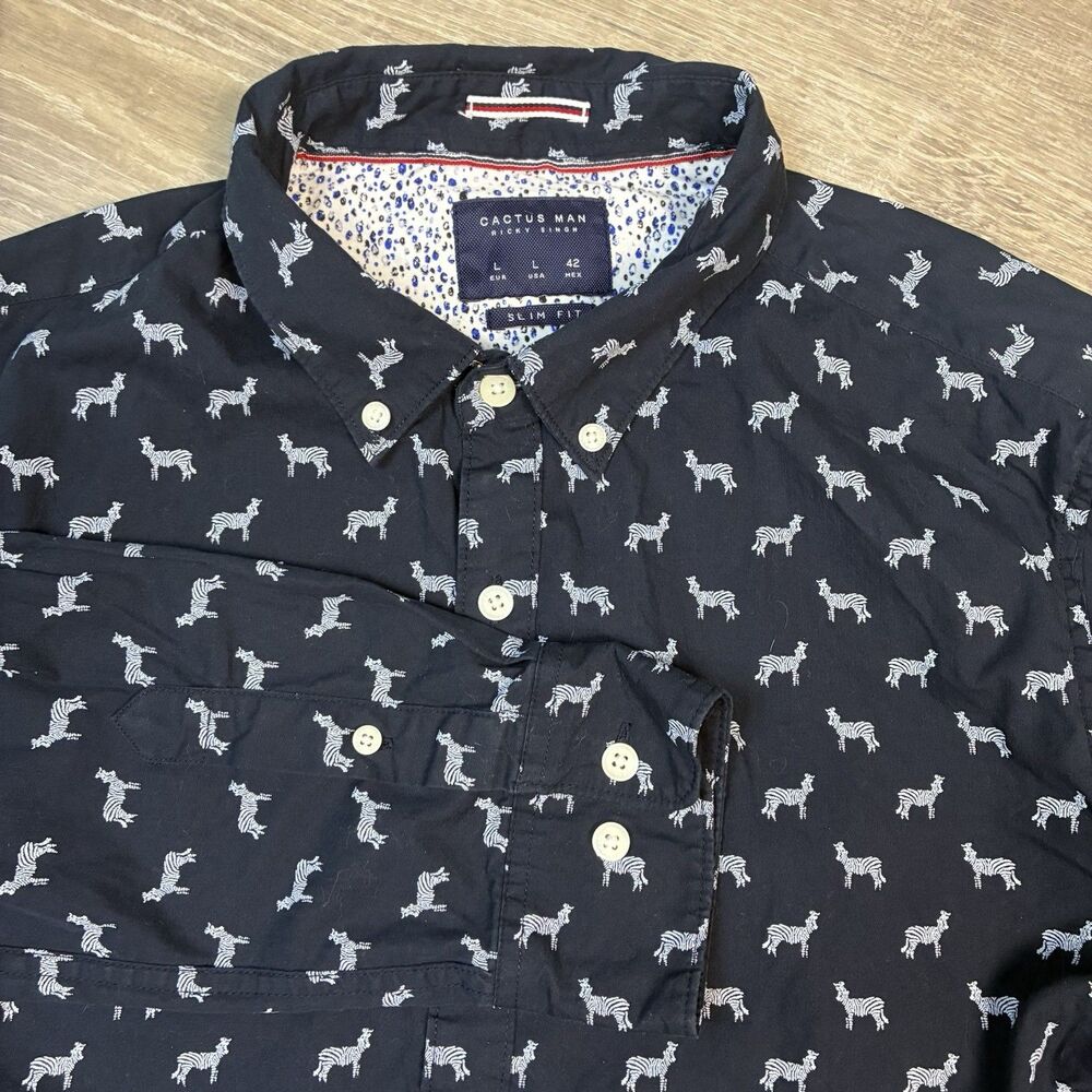 Cactus Man Ricky Singh Shirt Mens Large Navy Slim Fit Zebra Print Button Down